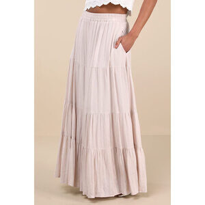 Lulus Sunset By The Sea Light Beige Embroidered Tiered Maxi Skirt - Size M
